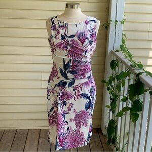 Ivanka Trump White Midi Dress with Pink and Blue Floral Print